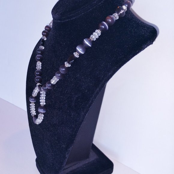 Handmad Charcoal Agate Beaded Necklace With Clear Beads Hand Crafted 17 inches - Picture 2 of 11